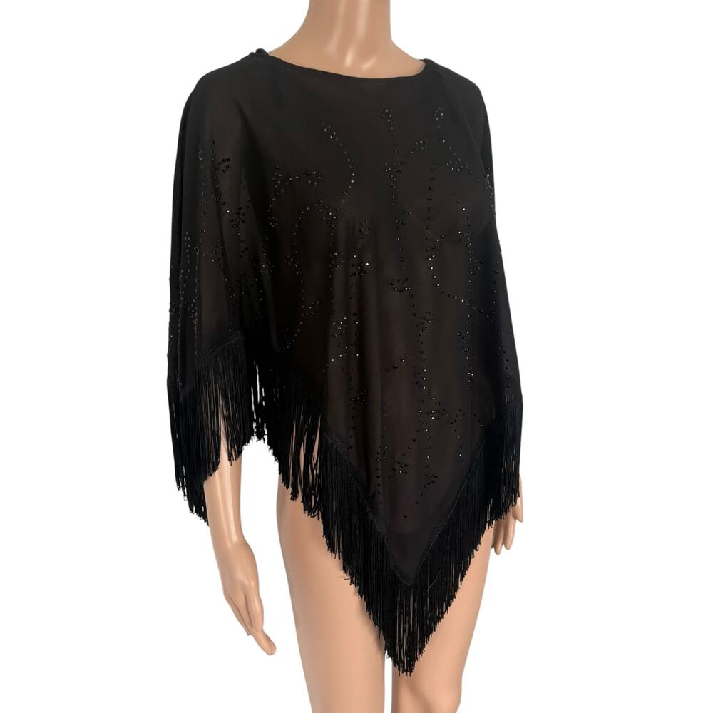 Vintage Black Rhinestone Fringe Poncho Top Flapper Gatsby Art Deco One Size